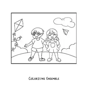 Image à colorier de deux enfants animés qui font voler des cerfs-volants dans le parc