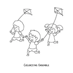 Image à colorier d’enfants qui courent en faisant voler des cerfs-volants