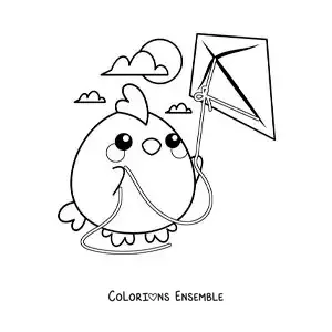 Image à colorier d’une poule animée qui fait voler un cerf-volant