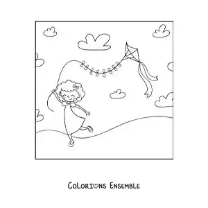 Image à colorier d’une fille animée qui fait voler un cerf-volant en papier
