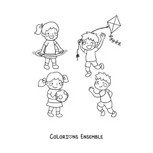 Image à colorier d’un garçon qui fait voler un cerf-volant à côté d’autres enfants qui jouent