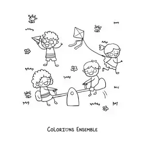 Image à colorier d’une fille qui fait voler un cerf-volant à côté d’autres enfants dans le parc