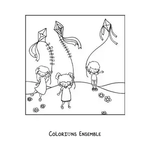 Image à colorier d’enfants qui font voler des cerfs-volants en papier dans le parc