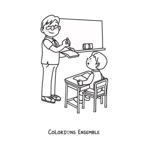 Coloriage d'un enseignant debout devant un élève assis