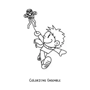 Image à colorier d’un dessin de garçon qui fait voler un cerf-volant
