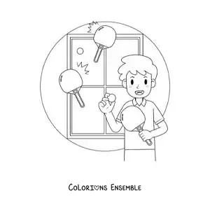 Image à colorier d’un garçon avec une table et des raquettes de ping-pong