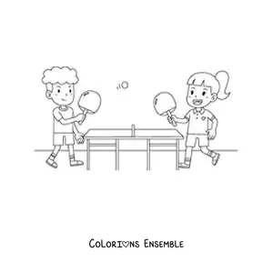 Image à colorier d’enfants en pleine partie de ping-pong