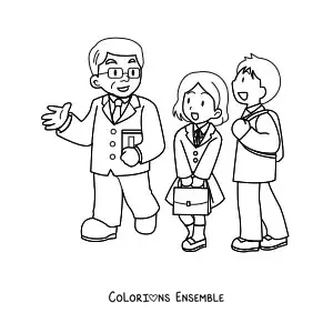 Image à colorier d’un professeur discutant avec deux lycéens