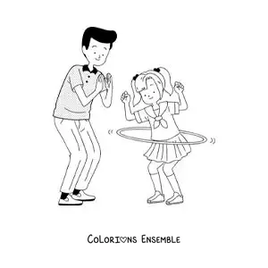 Image à colorier d’une fille et de son père jouant avec un cerceau hula hoop