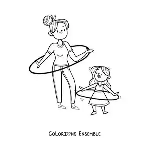 Image à colorier d’une fille et de sa mère dansant avec un cerceau hula hoop