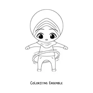 Image à colorier d’une fille musulmane avec un cerceau hula hoop