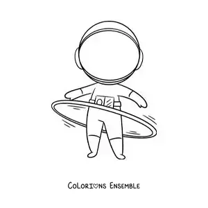 Image à colorier d’un astronaute animé faisant tourner un cerceau hula hoop