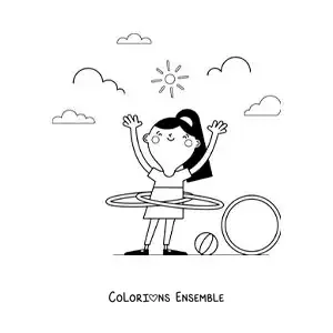 Image à colorier d’une fille dansant avec un cerceau hula hoop dans le parc