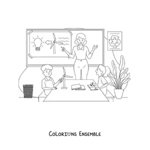Image à colorier d’une maîtresse et de deux élèves pendant un cours d’écologie