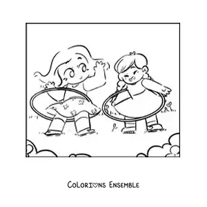 Image à colorier de filles jouant avec des cerceaux hula hoop