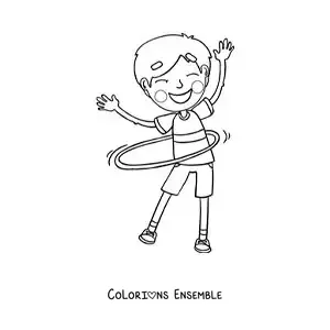 Image à colorier d’un garçon faisant tourner un hula hoop