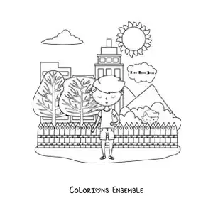 Image à colorier d’enfants jouant à cache-cache dans la ville