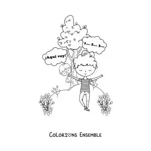 Image à colorier d’enfants jouant à cache-cache dans un parc