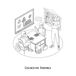 Image à colorier d’une maîtresse et de deux élèves en classe