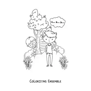 Image à colorier d’enfants jouant à cache-cache