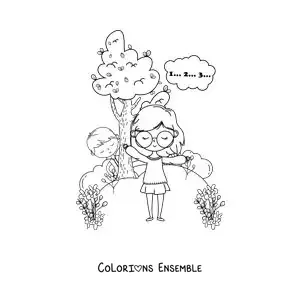 Image à colorier d’enfants jouant à cache-cache