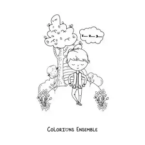 Image à colorier d’un garçon caché derrière un arbre en jouant à cache-cache
