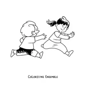 Image à colorier d’enfants courant en jouant à cache-cache