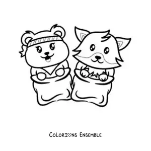 Image à colorier d’animaux animés dans une course en sac