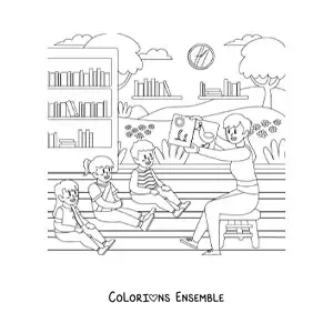 Image à colorier d’une maîtresse enseignant à trois élèves de maternelle
