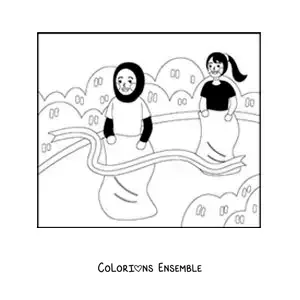 Image à colorier de deux filles dans une course en sac traditionnelle