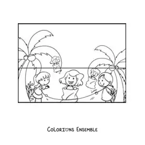 Image à colorier de filles sautant dans un sac à la plage