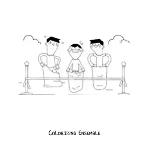 Image à colorier d’enfants franchissant la ligne d’arrivée d’une course en sac