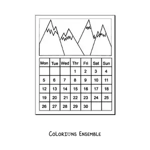 Image à colorier d’un calendrier animé avec des photos de montagnes