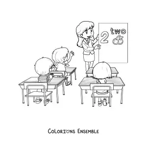 Image à colorier d’une maîtresse devant le tableau donnant cours à plusieurs élèves