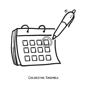 Image à colorier d’un stylo marquant une date sur le calendrier
