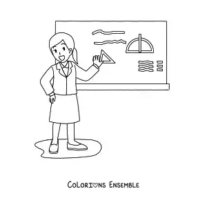 Image à colorier d’une enseignante donnant cours devant le tableau