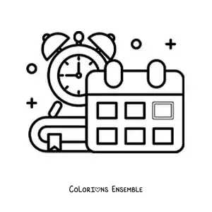 Image à colorier d’un calendrier et d’une horloge