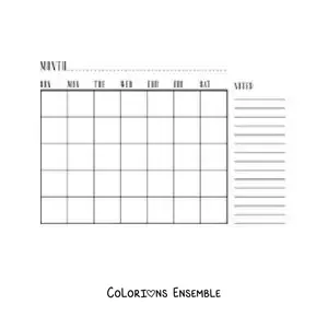 Image à colorier d’un calendrier du mois en anglais