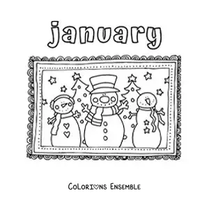 Image à colorier de « January » avec des bonhommes de neige animés