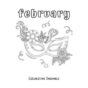 Image à colorier de « February » avec un masque de carnaval