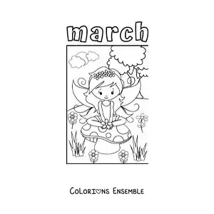 Image à colorier de « March » avec une fée du printemps