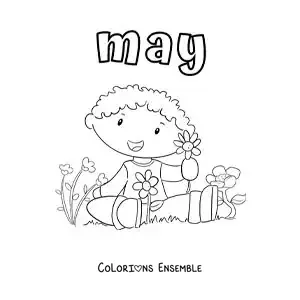 Image à colorier de « May » avec un enfant assis parmi des fleurs de printemps