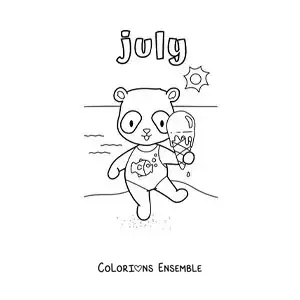 Image à colorier de « July » avec un panda animé à la plage en été
