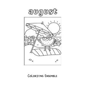 Image à colorier de « August » avec une pastèque animée en vacances