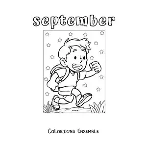 Image à colorier de « September » avec un enfant en route pour l’école