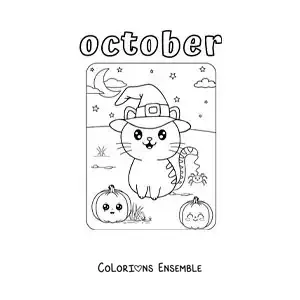 Image à colorier de « October » avec un chat animé pour Halloween