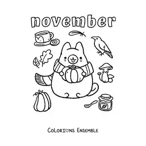 Image à colorier de « November » avec un chat animé en automne