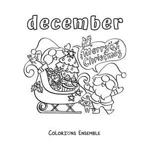 Image à colorier de « December » avec le Père Noël à Noël disant « Merry Christmas »