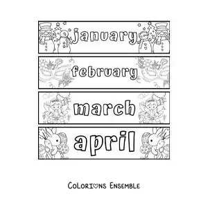 Image à colorier de fiches pour enfants avec les mois en anglais de janvier à avril