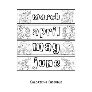 Image à colorier de fiches pour enfants avec les mois en anglais de mars à juin